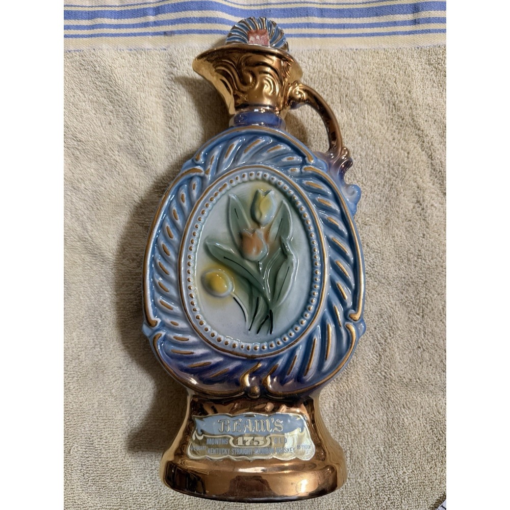 Vintage 1973 James Jim Beam Gold and Blue Tulips Whiskey Decanter, Empty